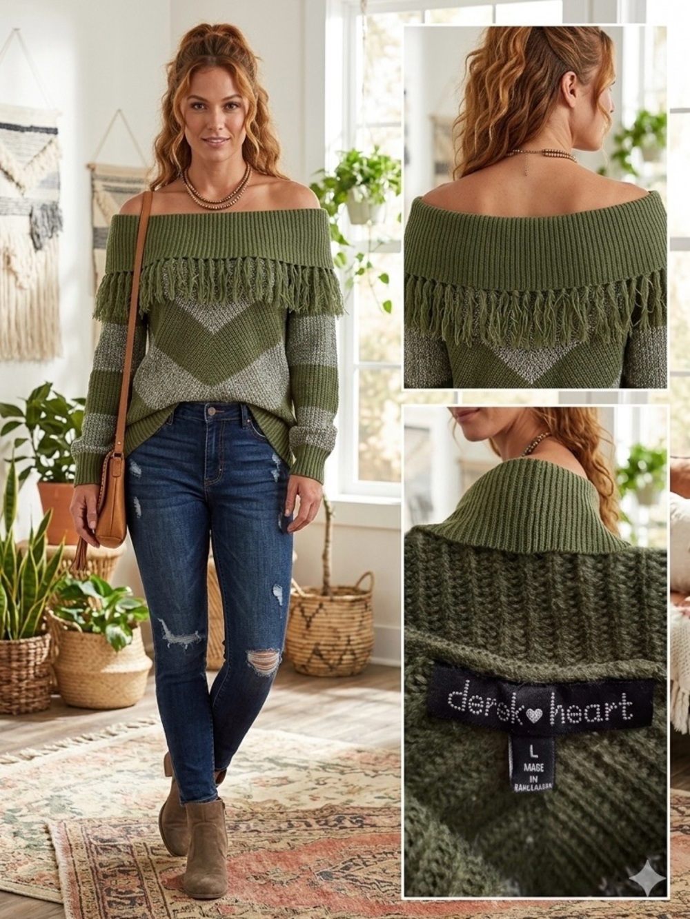 Derek Heart Green Fringe Off-the-Shoulder Women’s Large Boho Casual Sweater